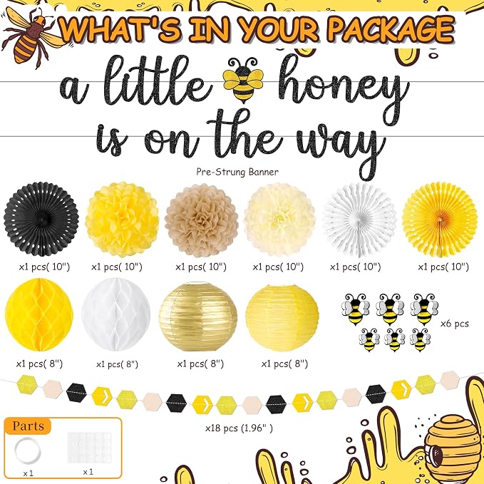 Kriyokiaa Bee Baby Shower Decorations 15 Pcs Honey Bee Baby Shower Decorations with A Little Honey is On The Way Banner, Paper Lantern Fans, Pom Poms, Honeycomb Ball for Bumblebee Party Decor