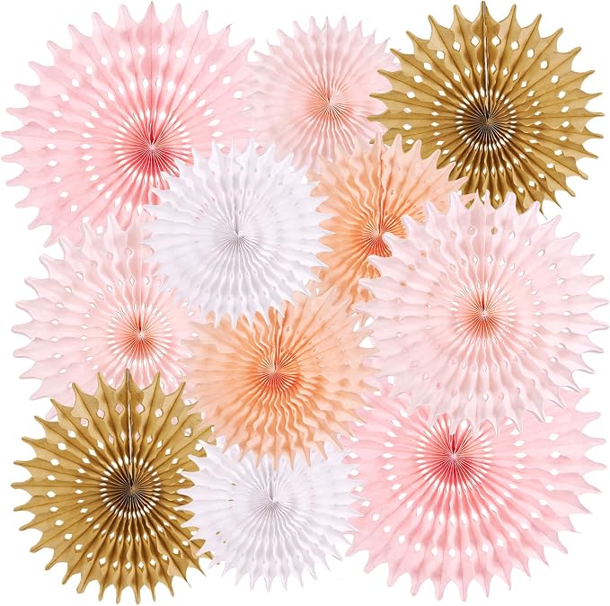 SUNBEAUTY 11Pcs Soft Pink Paper Fans Party Decorations for Wall, Reusable Large Spring Summer Hanging Paper Fans for Birthday Party Bachelorette Anniversary Wedding Bulletin board Photo Booth Backdrop