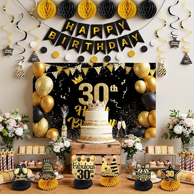 Happy 30th Birthday Party Decoration: Including Birthday Banner Backdrop, Party Table Centerpieces and Hanging Swirl Party Streamers, Birthday Decor for Men and Women (Gold/Black, 30th Birthday)