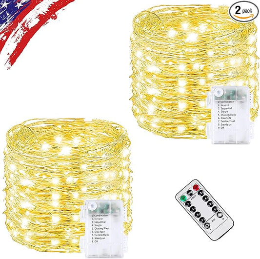 2 Pack Total 66FT 200LED Fairy Lights Battery Operated with Rmote, Waterproof Twinkle Lights with Timer Indoor Outdoor, Cuttable String Light for Bedroom, Classroom, Wedding, DIY, Christmas Decor