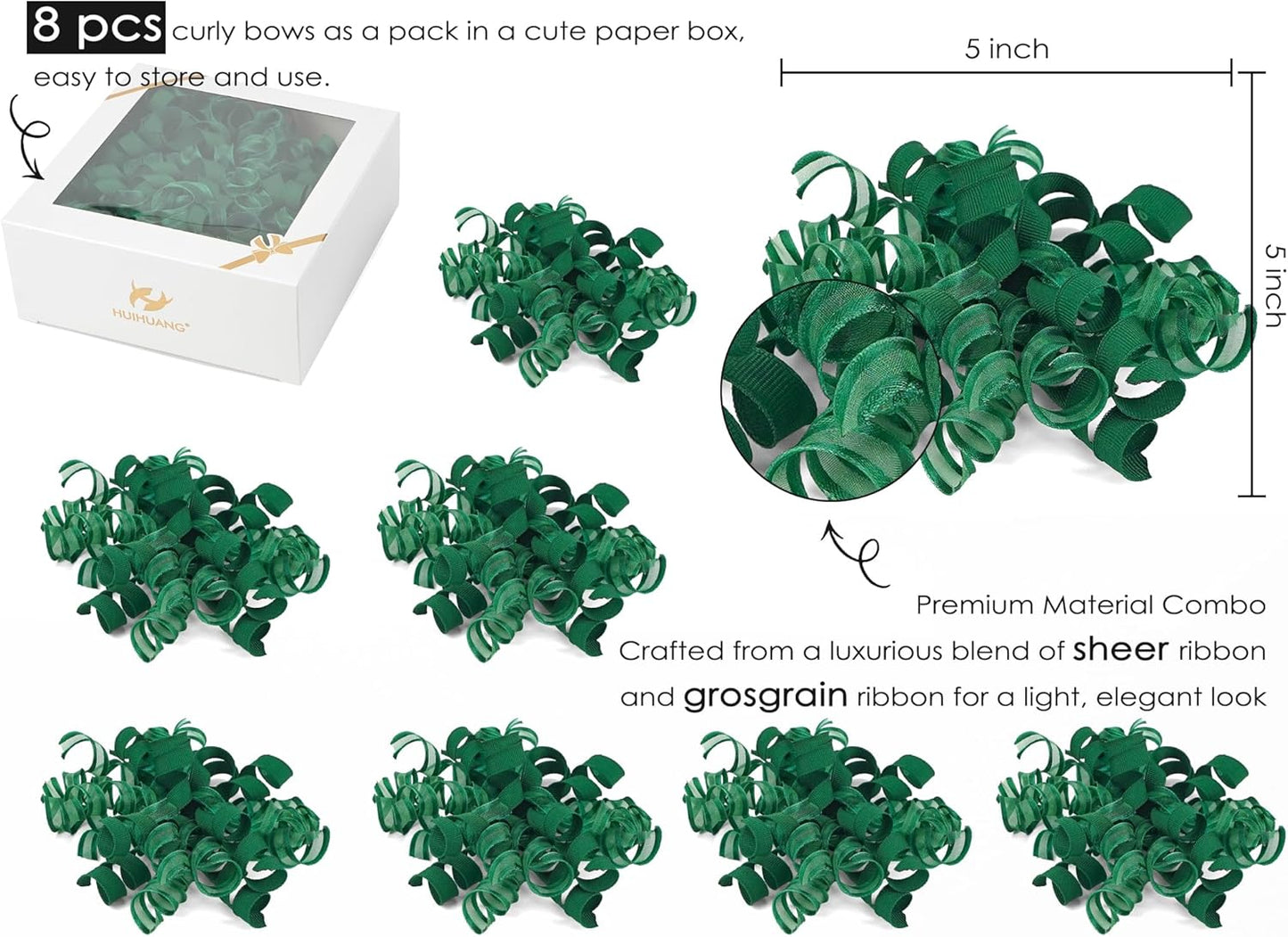 HUIHUANG Green Christmas Bows for Gift Wrapping Curly Gift Bow 5 inch x 8 Counts Forest Green Self-Adhesive Xmas Bows for Presents, Paper Bag, Party Favors, Wrapping Accessories