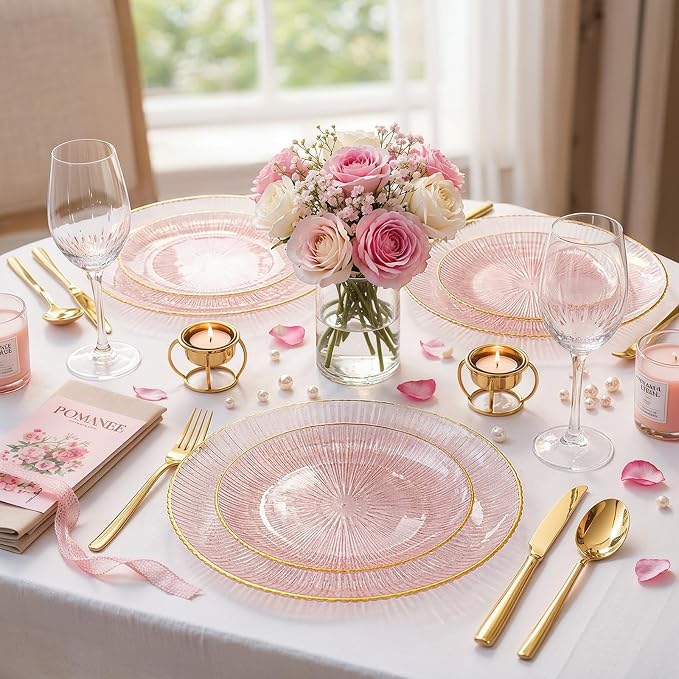 DaYammi 60Pcs Pink Plastic Plates with Gold Rimmed - Pink Disposable Plates Set Including 30pcs Dinner Plates,30pcs Dessert Plates with Radial Texture for Party & Wedding Bridal Shower