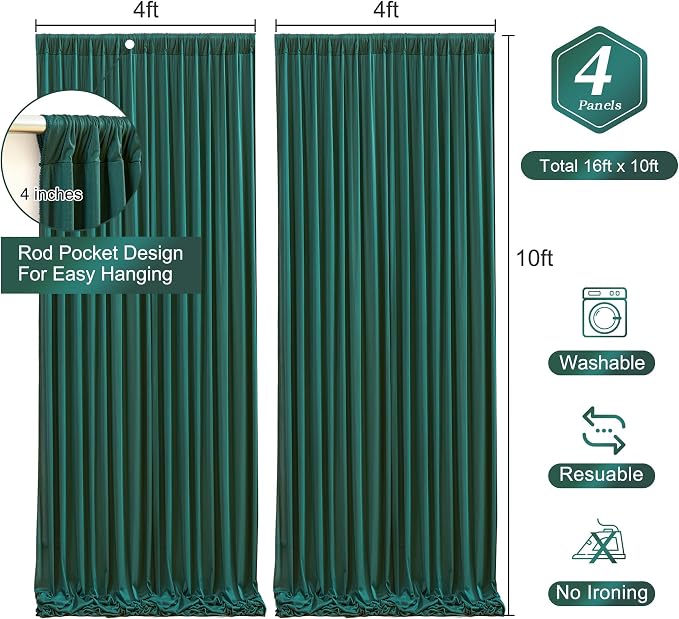 Hunter Green Backdrop Curtain-Wrinkle-Free Polyester Fabric Green Photography Curtains for Wedding Party Photo Background Decorations- 16 X10FT (Hunter Green)