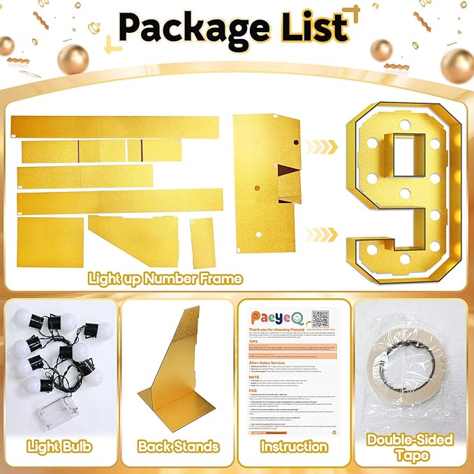 4FT Light Up Numbers 9, Glitter Gold Large Light Up Number 9 Frame Marquee Mosaic Numbers for 9th Birthday, Giant Number 4 Feet Tall DIY Frame Pre-Cut Foam Board Kit for Graduation Anniversary
