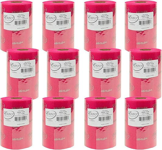 Expo International Decorative Matte Tulle, Roll/Spool of 6” X 100 Yards, Lightweight Polyester Tulle Fabric for Tutus, Costumes, and Party Decorations, Washable, Easy-to-Use, Pack of 12, Fuchsia