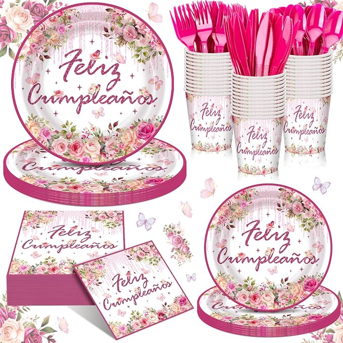 168 Pcs Mexican Birthday Party Decorations for Women Pink Floral Birthday Plates and Napkins Fiesta Party Tableware Sets Serves 24 Cinco De Mayo Supplies