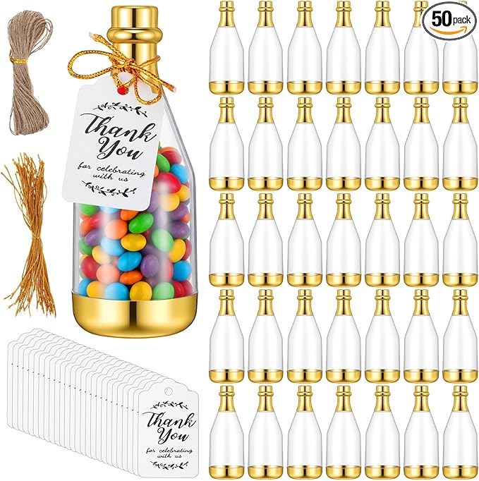 50 Pcs Mini Champagne Bottles, Gold Plastic DIY Small Champagne Candy Bottles Bulk with Gift Tags Gold Strings and 65 ft Rope, Mini Bottle Containers for Wedding Party Favor Baby Shower Birthday