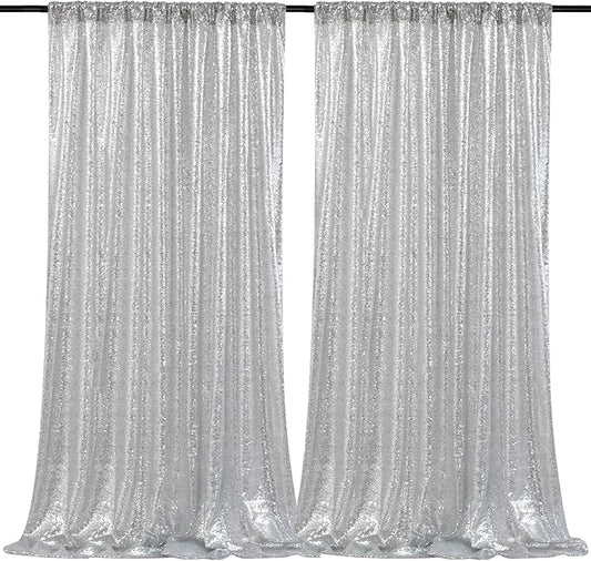B-COOL Silver Sequin Backdrop Curtains 2 Packs Sparkle Backdrop 5ftx8ft Fabric Glitter Photography Drapes for Party Baby Shower Wedding Birthday Decoration