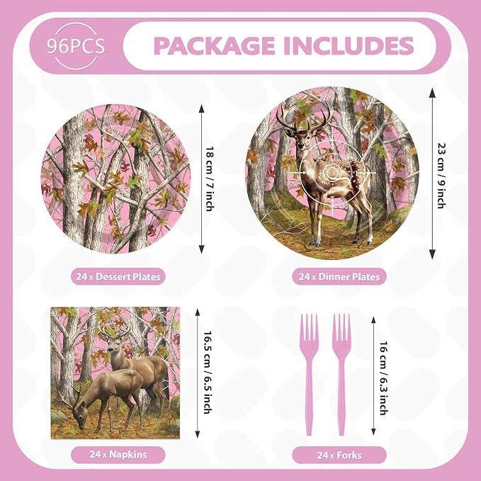 96Pcs Pink Hunting Deer Camo Decorations Woodland Deer Plates and Napkins Tableware Sets Hunting Themed Decorations for Hunter Outdoor Camping Picnic Camouflage Party Supplies Serves 24