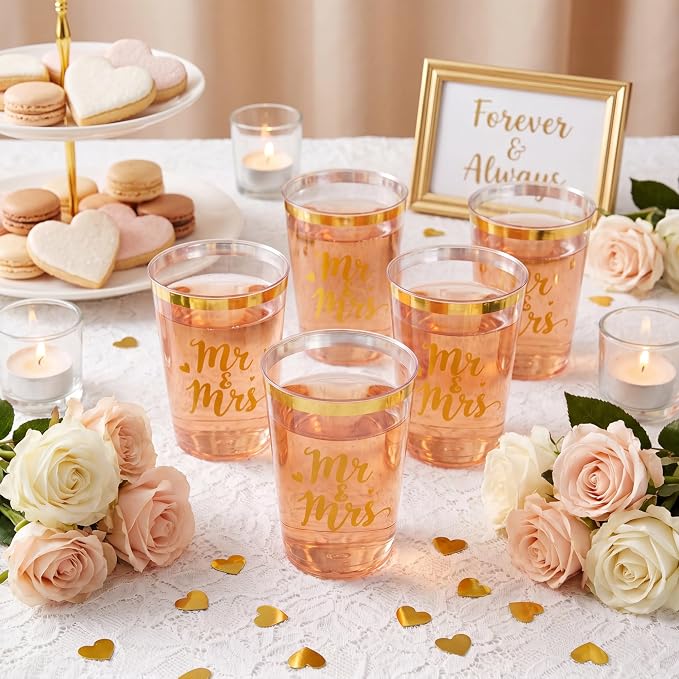 Shinymoon 50 Pack Mr and Mrs Party Supplies 12 oz Wedding Cups Bridal Shower Gifts for Couples Disposable Clear Drinking Glasses for Engagement Anniversary Valentines Party Favors Supplies