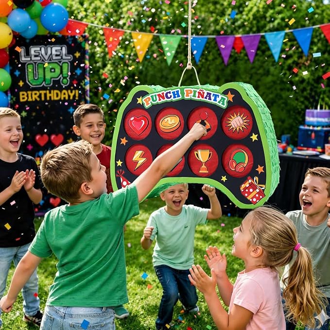 WERNNSAI Game Punch Piñata - Punch Box Piñata with 4 Replacement Punch Papers & 4 Sets of DIY Stickers, Hanging Unboxing Game Supplies for Video Game Party, Gamer Birthday, School Carnival Decor