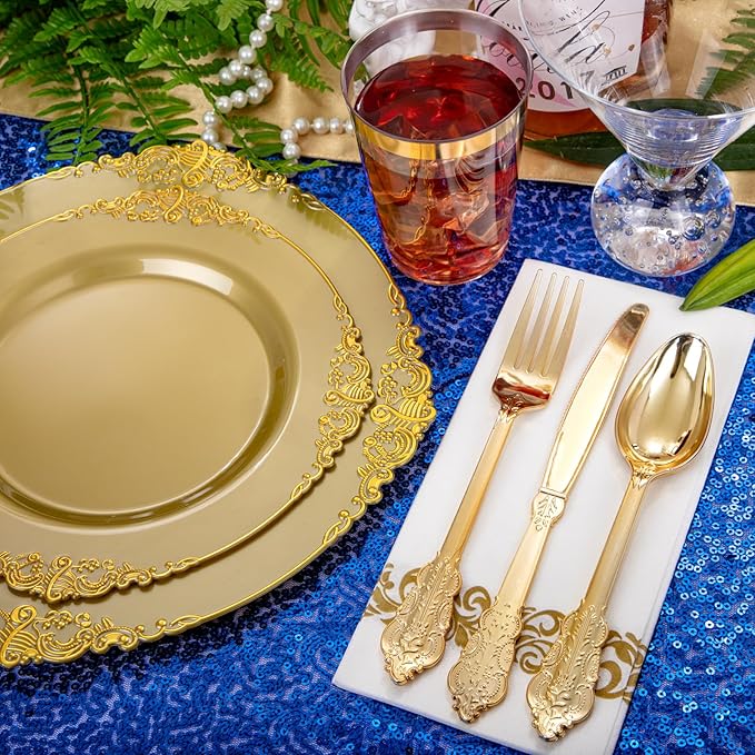 Morejoy 175PCS Solid Gold Plastic Plates with Gold Rim, Disposable Dinnerware Sets Include 25 Dinner Plates,25 Dessert Plates,25 Cutlery Sets,25Cups,25 Napkins Perfect for Party & Wedding