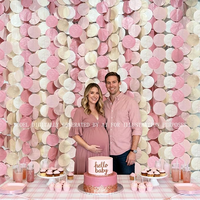 205 Ft Dusty Rose Pink Party Decorations Dusty Pink Khaki Beige Circle Dot Backdrop Garland Tissue Paper Polka Dots Hanging Streamer for Girl Baby Shower Birthday Wedding Bridal Shower Party Supplies