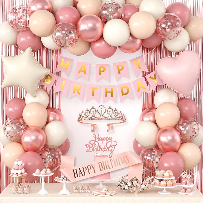 Dusty Pink Birthday Decorations for Women Girls,Retro Pink Balloons with Happy Birthday Banner,Fringe Curtain,Cake Topper,Sash and Crown for Birthday Party Supplies