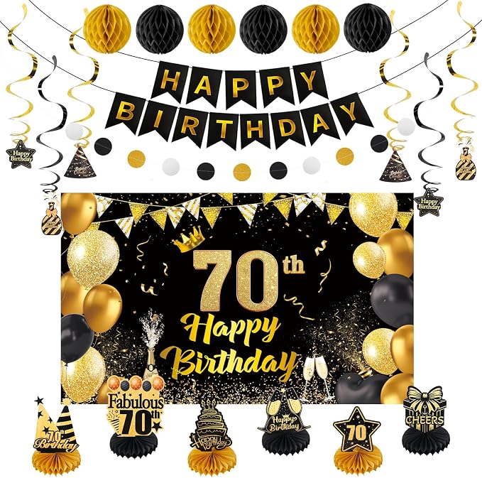 Happy 70th Birthday Party Decoration: Including Birthday Banner Backdrop, Party Table Centerpieces and Hanging Swirl Party Streamers, Birthday Decor for Men and Women (Gold/Black, 70th Birthday)