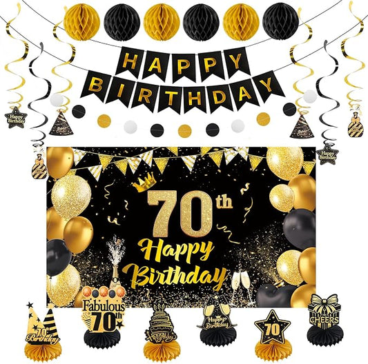 Happy 70th Birthday Party Decoration: Including Birthday Banner Backdrop, Party Table Centerpieces and Hanging Swirl Party Streamers, Birthday Decor for Men and Women (Gold/Black, 70th Birthday)