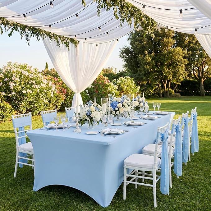 Fixwal Light Blue Stretch Table Cloth Rectangle 2 Pack 6Ft, Spandex Fitted Table Covers Washable for Party, Trade Show, Banquet, Wedding, Buffet