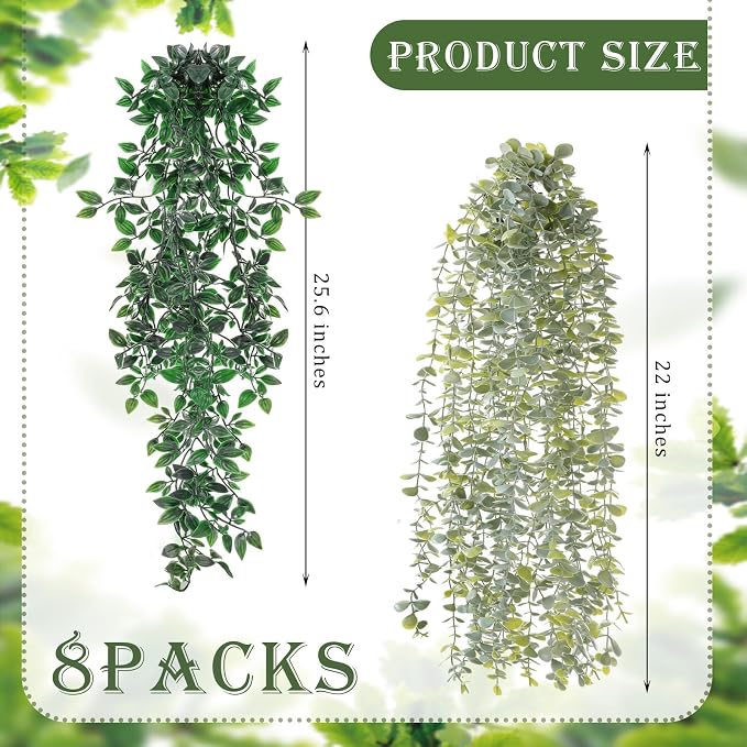 Daifunli 8 Pcs Artificial Hanging Plants Fake Hanging Ferns Plastic Faux Plants for Wall Room Garden Garland Indoor Outdoor Decor No Basket (Eucalyptus,Mandala Vine)