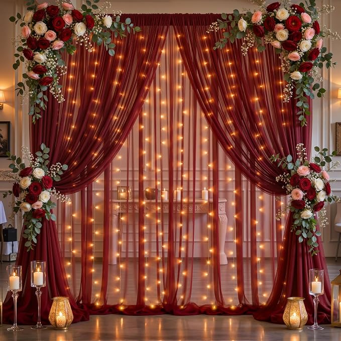 20x10ft Burgundy Tulle Backdrop Curtain with Lights String for Parites, Sheer Backdrop Curtains for Wedding Baby Shower Birthday Party Photo Shoot Decorations