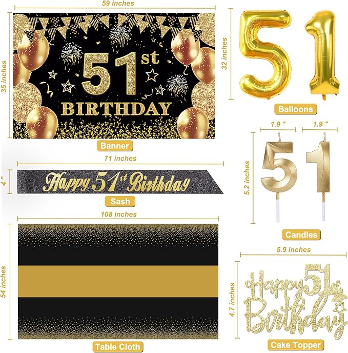 51st Birthday Decorations Men Women with 51st Birthday Banner, Black and Gold Table Cloth, Number Balloons, Large Sash, Cake Topper and Candles
