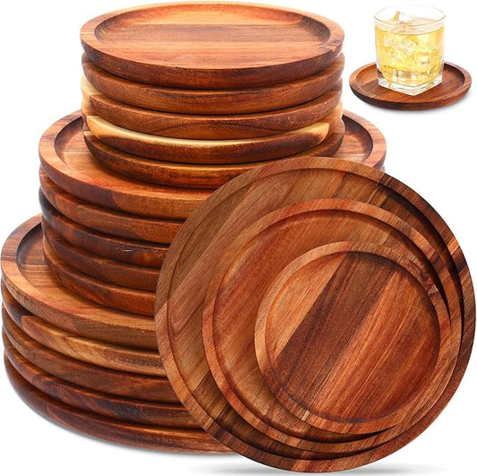 Roshtia Set of 15 Acacia Wood Charger Plates Round Wooden Dinner Platters Cheese Charcuterie Boards Bulk Food Serving Trays for Snack Dessert Appetizer, 6" & 8" & 10", Housewarming Christmas Gifts