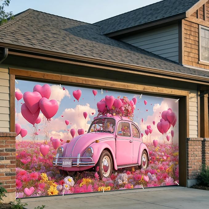 Pink Beetle Garage Door Banner Cover 7x16FT Waterproof – Love Car & Heart Balloons Backdrop with Floral,Indoor Outdoor Decor for Mother's Day,Wedding,Proposal & Photo Booth