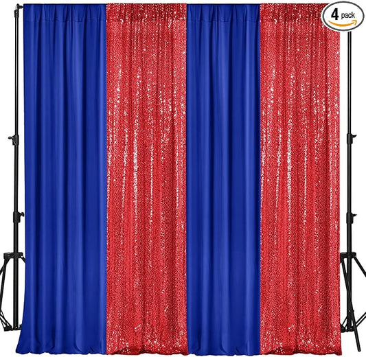 VitalCozy 4 Panels Backdrop Curtains 2 Pcs 4 x 10 ft Sequin Glitter 2 Pcs 7 x 10 ft Chiffon Photo Background Curtains for Graduation Wedding Birthday Party Decorations(Navy Blue, Red)