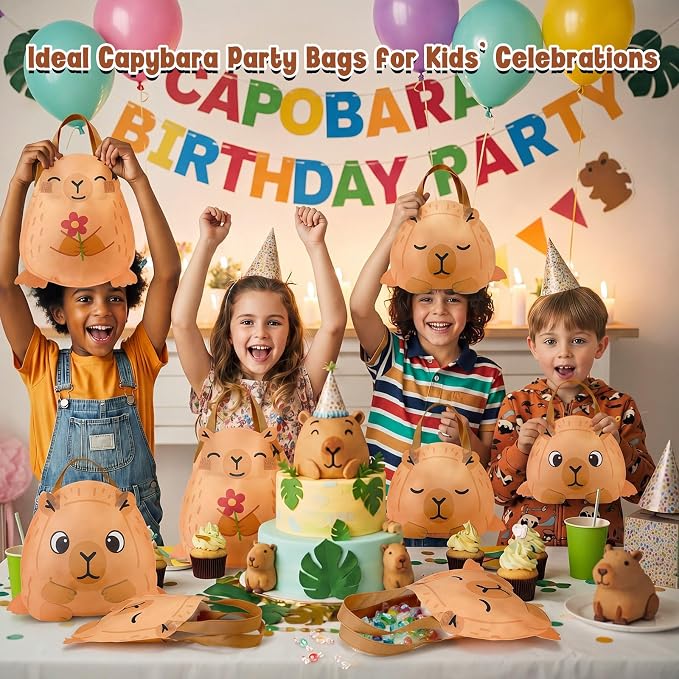Locmeo 24 Pcs Capybara Party Favors Bags 10 Inch Capybara Birthday Gift Bags Bulk Nonwoven Reusable Tote Bag with Handle for Goodie Snack Treat Cute Capybaras Party Supplies Birthday Decoration