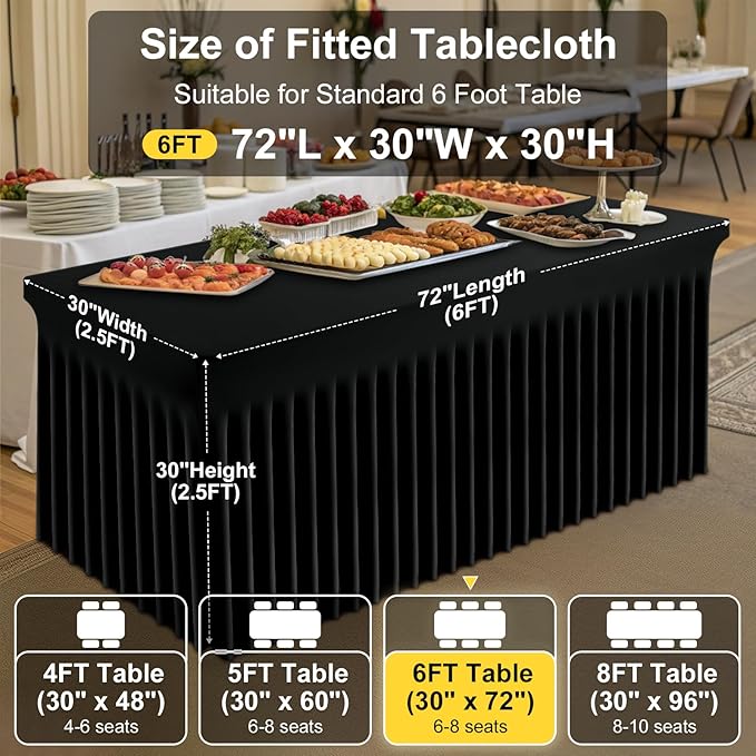 Smiry Spandex Tablecloth 3 Pack, Elastic Fitted Stretch Tablecloth for 6FT Rectangle Tables, Waterproof Washable Table Cover Skirt for Outdoor, Wedding, Banquet & Parties (Black, 72Lx30Wx30H Inch)