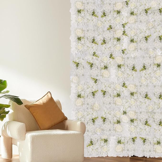 3D Flower Wall Backdrop - 12Pcs 15×15 Inch Artificial Rose Panels White Silk Floral Decor for Home Party Wedding Anniversary Birthday Photographic Studio Background & Decorative Fences