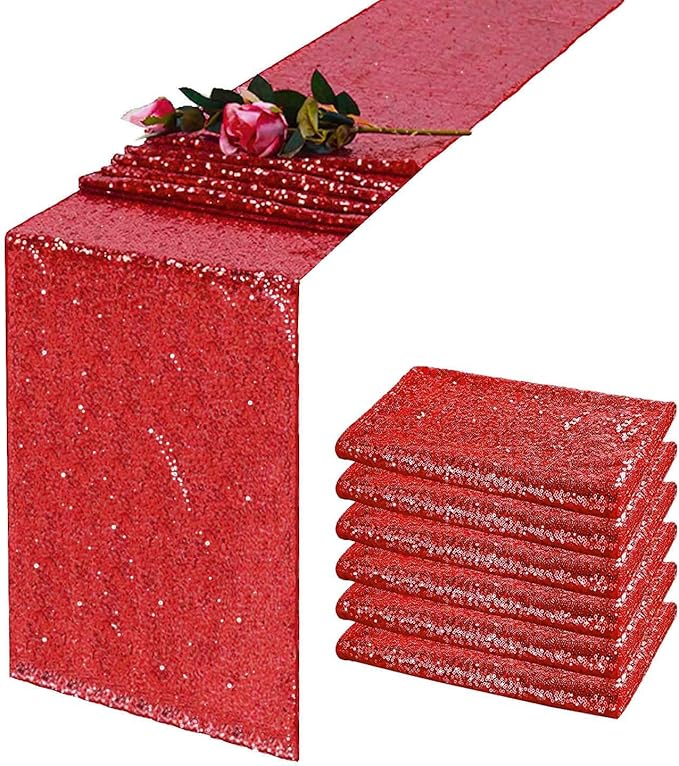 6 Pack Red Sequin Table Runner 12 x 108 Inch - High Density Sparkly Glitter Table Runners for Wedding, Birthday, Anniversary Banquet, Shimmering Red Party Decor