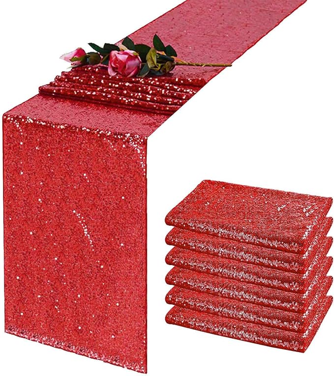 Red Sequin Table Runner 12" x 72" Pack of 6 | Metallic Glitter, For Baby Shower Wedding Christmas Birthday Party