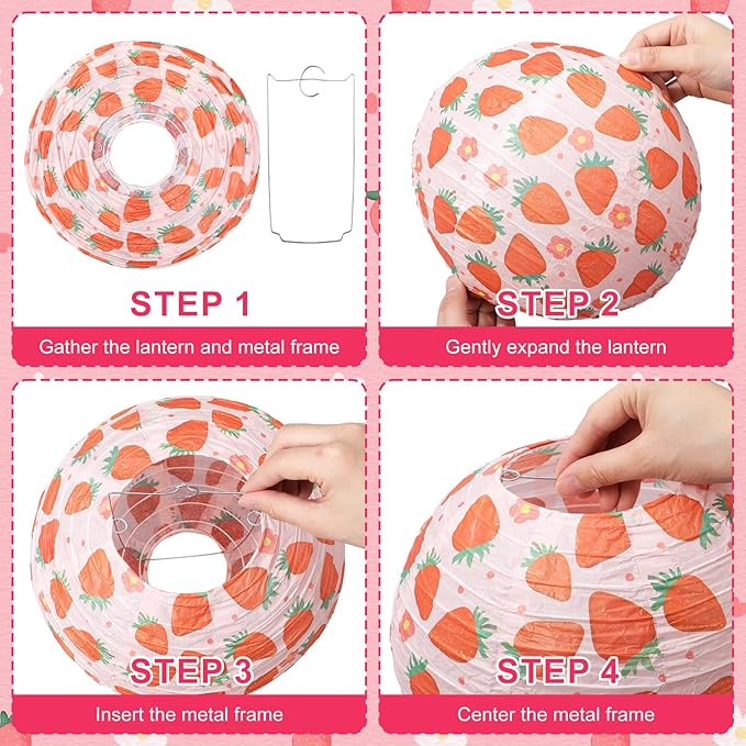 Honoson 12 Pcs Red Pink Strawberry Paper Lanterns Strawberry Party Decoration 10 Inch Berry Round Hanging Lanterns for Birthday Baby Showers Decoration