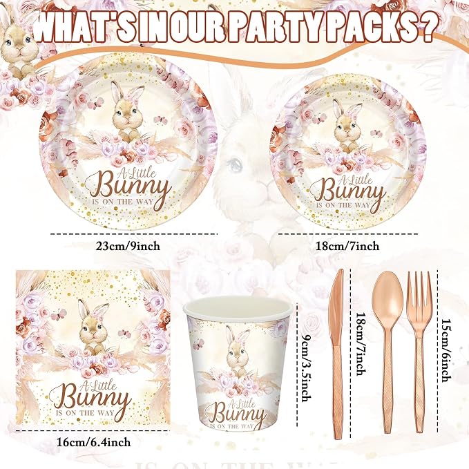 168 Pcs Bunny Baby Shower Decorations A Little Bunny Is on The Way Baby Shower Party Supplies Pink Easter Rabbit Disposable Tableware Set Serve 24