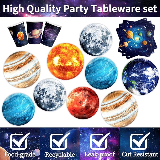 120Pcs Space Theme Party Decorations Outer Space Birthday Party Supplies Galaxy Planet Outer Space Disposable Plates Napkins for Kids Space Solar System Planets Birthday Party Decorations 30 Guests