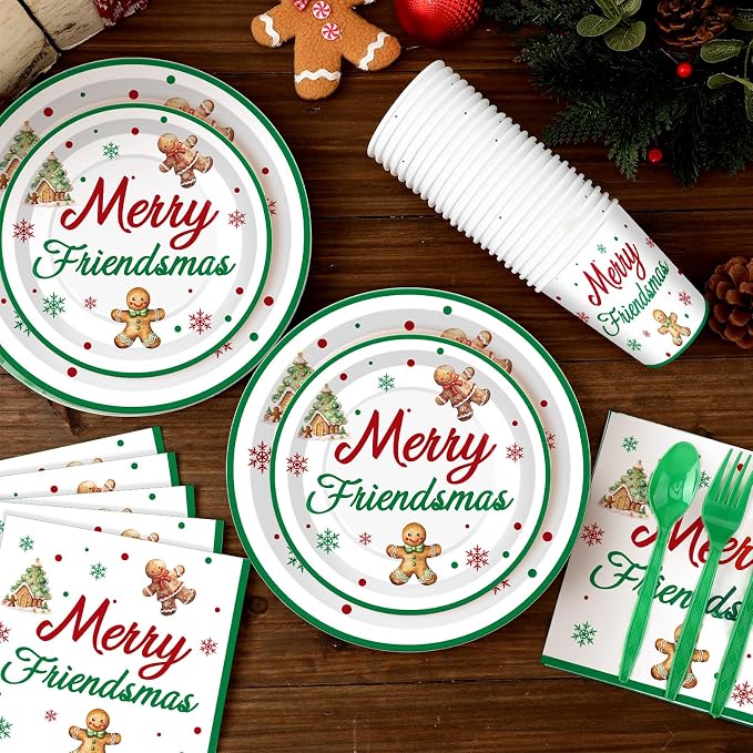 168 Pcs Merry Friendsmas Christmas Party Supplies Gingerbread Party Decorations Merry Friend Christmas Tableware Set Disposable Paper Plates Cup Utensils Serve 24 for Winter Holiday Parties