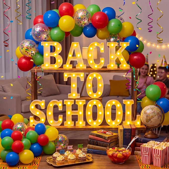 Honoson 12 Pcs Back to School Decoration LED Letter Lights Sign Neon Marquee Lights First Day of School Table Decoration for Classroom Office Desktop Decor