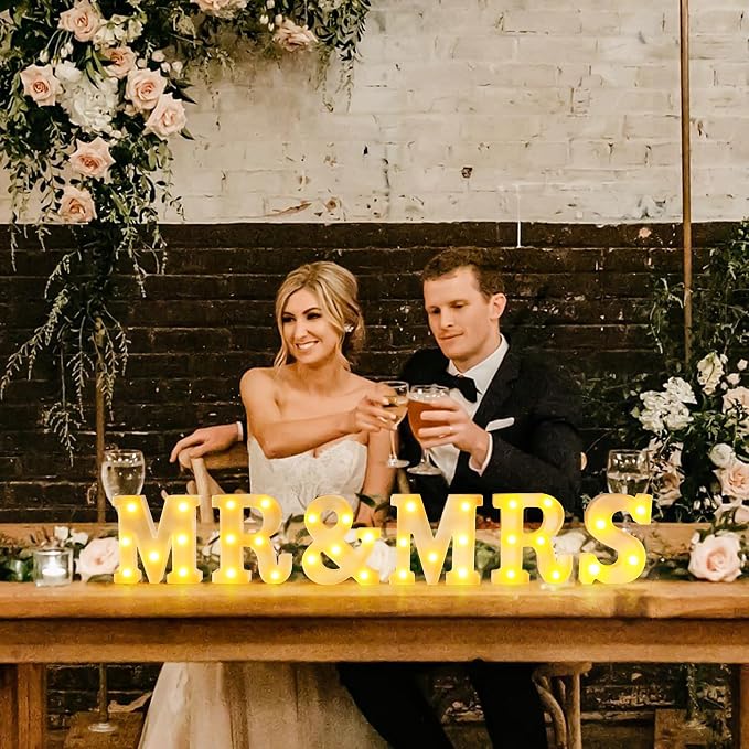 JUSTOTRY 6Pcs Mr & Mrs LED Light Up Letters, 6.2 Inch Shiny Freestanding Mr and Mrs Sign Lights for Marriage Anniversary Celebration Engagement Banquet Wedding Table Decoration (Warm White)