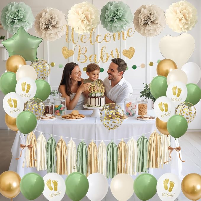 Sage Green Baby Shower Decorations, Welcome Baby Banner Olive Green Gold White Sand Confetti Latex Foil Balloons with Oh Baby Cake Topper Pom Poms Tassels for Boho Neutral Gender Reveal Party Supplies