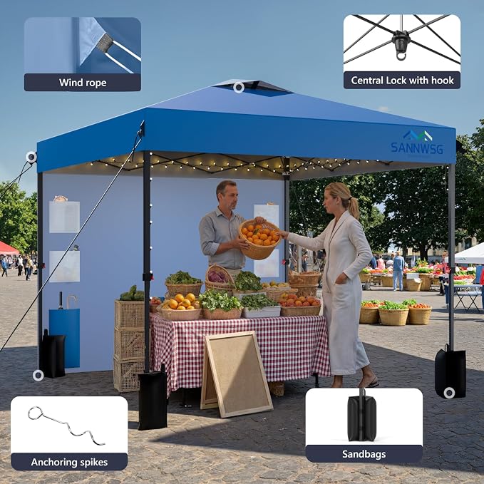 10X10 Pop Up Canopy Tent with Wall,Removable Pockets Sidewall for Extra Storage,Heavy Duty One Person Set Up Event Tent,Easy Up Canopy with One Push Button,Blue