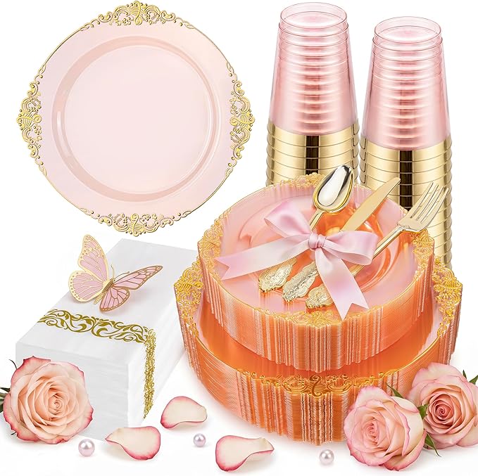 Hioasis 175pcs Pink and Gold Plates - Pink Party Plates for 25 Guest, Include 50 Heavy-duty Plates(20% Thicker Than Standard), 75 Cutlery Set, 25 Napkin, 25 Cups for Party & Easter