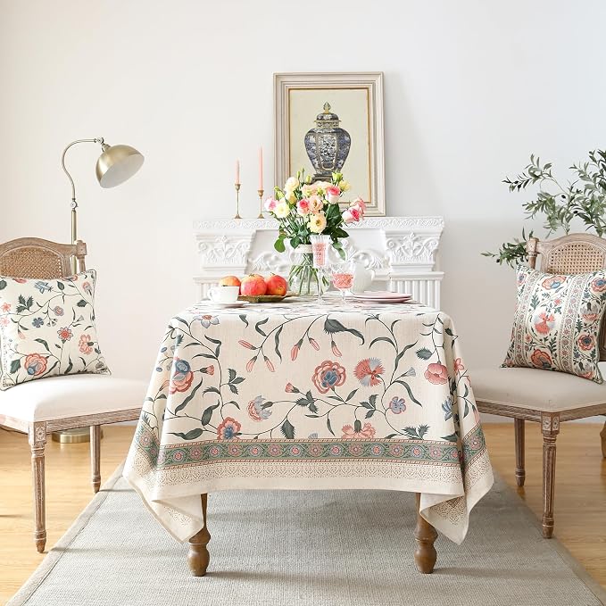 ISAENNE Designer French Linen Tablecloth Rectangular,71"x55"-Daffy | Vintage Elegant Table Cloth Rectangle Table,Floral Pattern,Decoration,Heavyweight,Dining,Kitchen,Tea Party,Thanksgiving