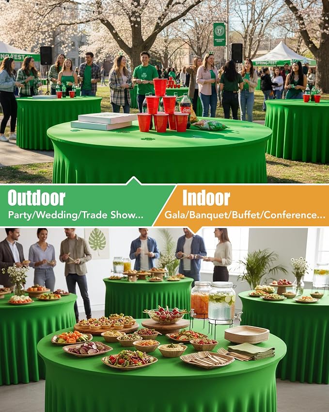 6 Pack Spandex Table Cover Skirts for 60 inch Round Tables, Green Stretch Table Cloths with Floor-Length Ruffle, Elastic Fitted Skirted Tablecloth for Elegant Wedding Banquet Party Buffet Decoration