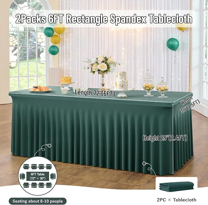 Hunter Green Spandex Table Clothes for 6 Foot Rectangle Tables, 2 Pack Wrinkle Free Rectangle Table Cloth 6ft Stretch Fitted Tablecloths with Skirt for Parties Weddings Birthday Banquet Baby Shower