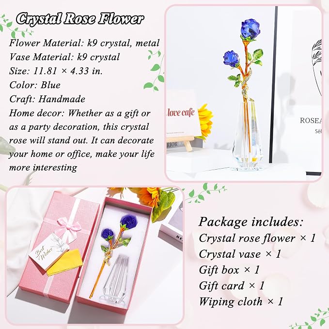 YWHL Handmade Crystal Blue Rose Flower Figurine with Vase, Bouquet Glass Flowers Ornament Rose Gifts for Girlfriend Sister Women, Crystal Flower Home Decor for Anniversary Mother's Day Wedding