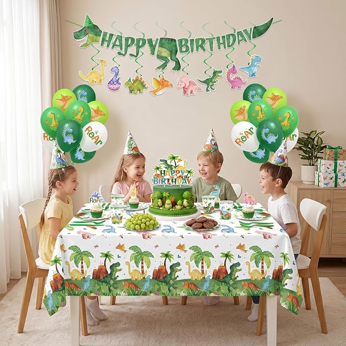 210 Pcs Dinosaur Birthday Party Decorations Serves 24 ，Dino Roar Party Supplies with Banner Hanging Plates Napkins Cups Forks Knives Tablecloth Topper Balloons for Boy Party