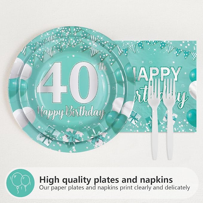 96Pcs Teal 40th Birthday Party Decorations Teal and Silver Plates and Napkins Tableware Sets Forty Party Decorations for Women 40 Years old Birthday Supplies Serves 24