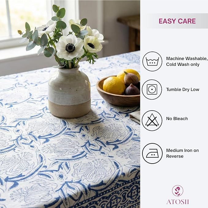 ATOSII ‘Santorini’ 100% Cotton Fall Tablecloth, Handblock Print Blue Rectangle Table Cloth for Kitchen I Dining Table Linen I Parties Wedding Christmas Thanksgiving I Fall Decor 60 X 108 Inches
