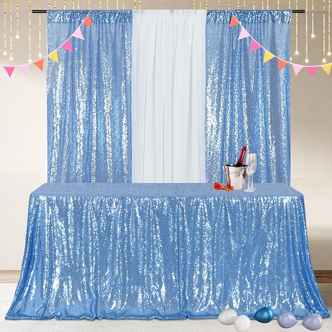 Poise3EHome Baby Blue Sequin Tablecloth 90×132 Inch Rectangle Sparkly Fabric Table Cloth for Baby Shower Birthday Party Wedding Christmas Holiday Decoration