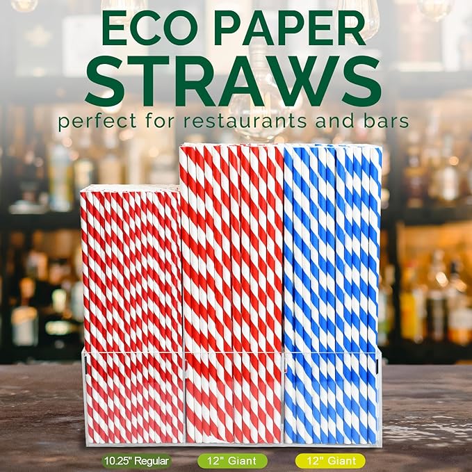 12 Inch Disposable Paper Drinking Straws Large and Tall, 8mm Wide - for Long Drinks, Smoothies, Milkshakes - Blue, 100 Counts - Eco-friendly